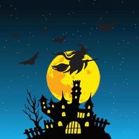 fondo de halloween con bruja, castillo y murciélagos vector