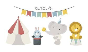 colección de circo con carpa de circo, conejo, elefante, león. ilustración vectorial en estilo de dibujos animados.