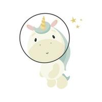 unicornio mágico en el espacio. estilo de dibujos animados ilustración vectorial para cosas de niños, tarjetas, carteles, pancartas, libros para niños, impresión en el paquete, impresión en ropa, tela, papel pintado, textil o platos. vector