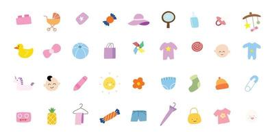 iconos relacionados con bebés y niños. diseño de ilustraciones dibujadas a mano para padres. conjunto de cuidado de bebé lindo vector