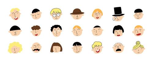 conjunto de varias cabezas para imagen de perfil o avatar. lindo personaje humano para emoticono. diseño de ilustración vectorial dibujado a mano vector