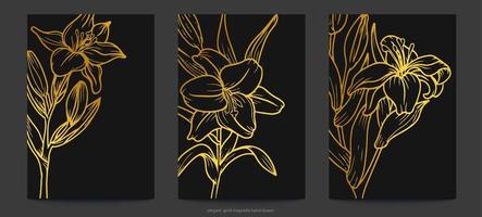 outline gold magnolia flower in black background template vector