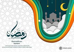 vector de plantilla de tarjeta de felicitación de estilo de corte de papel de ramadhan kareem