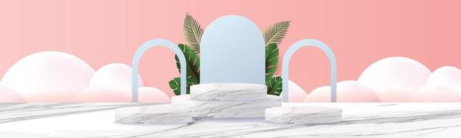 3d geometric podium mockup leaf tropical netural concept for showcase pink blue background Abstract minimal scene product presentation vector