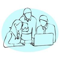 Business people discussing on laptop. Line art. vector