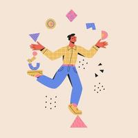 Multitasking concept. Man balances on a triangle and juggle abstract shapes. Modern vector cartoon flat illustration in trendy colors. Time management, productivity, skillful