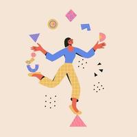 concepto multitarea. la mujer se equilibra en un triángulo y hace malabarismos con formas abstractas. ilustración plana de dibujos animados de vector moderno en colores de moda. gestión del tiempo, productividad, hábil