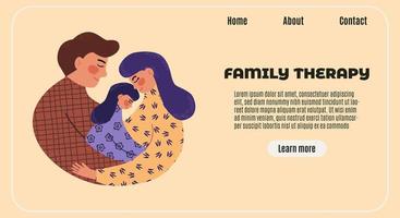 Family therapy vector flat modern banner. Horizontal psyhologist counseling landing page. Mother, father and daughter hugging and feel happy. Stable family, parents and girl embracing together