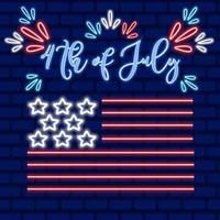 4th of july American independence day vector neon banner. Night bright signboard, light patriotic Independence day illustration