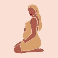 Pregnancy. Pregnant woman sits and touching her belly. Motherhood. Happy Mother's Day. Paper cut mosaic style.Pretty women with tummy. Hand drawn vector contemporary abstract illustration