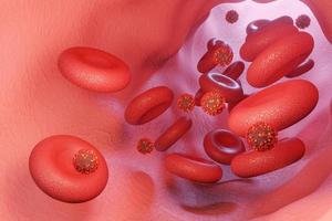 microscopio virus ataque sangre primer plano arte conceptual. virus que ataca a los glóbulos rojos, presentación 3d foto