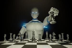 Robot chess armies on the wooden chessboard. Empty place for text. chess battle 3d illustration photo