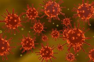 Microscope virus close up concept art . Pathogenic viruses causing infection in host organism , Viral disease outbreak ,Virus attacking red blood cells , 3d render photo