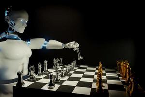 Robot chess armies on the wooden chessboard. Empty place for text. chess battle 3d illustration photo