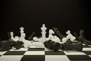 Two chess armies on the wooden chessboard. Empty place for text. chess battle 3d illustration photo