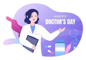 ilustración vectorial del día mundial de los médicos para tarjeta de felicitación, afiche o fondo con imagen de médico, estetoscopio y equipo médico vector