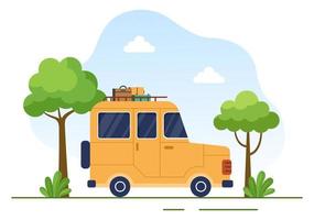 ilustración de fondo de autocaravana con carpa, fogata, leña, autocaravana y su equipo para personas en viajes de aventura o vacaciones en el bosque o las montañas vector