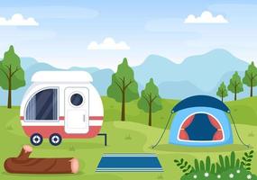 ilustración de fondo de autocaravana con carpa, fogata, leña, autocaravana y su equipo para personas en viajes de aventura o vacaciones en el bosque o las montañas vector