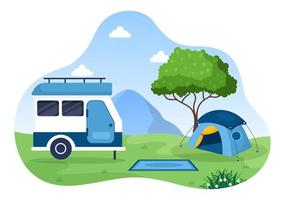 ilustración de fondo de autocaravana con carpa, fogata, leña, autocaravana y su equipo para personas en viajes de aventura o vacaciones en el bosque o las montañas vector