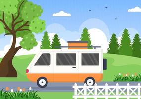 Camping Car Background Illustration with Tent, Campfire, Firewood, Camper Car and its Equipment for People on Adventure Tours or Holidays in the Forest or Mountains vector