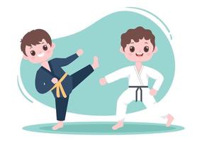 lindos niños de dibujos animados haciendo algunos movimientos básicos de artes marciales de karate, pose de lucha y usando kimono en ilustración de vector de fondo de estilo plano