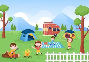 ilustración de fondo de autocaravana con carpa, fogata, leña, autocaravana y su equipo para personas en viajes de aventura o vacaciones en el bosque o las montañas vector