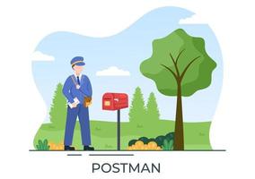 Postman Cartoon Vector Illustration Wearing a Uniform Carrying a Backpack Containing Letters to Send or Placing Envelope in Postal Service Mailbox