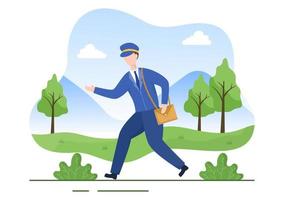 Postman Cartoon Vector Illustration Wearing a Uniform Carrying a Backpack Containing Letters to Send or Placing Envelope in Postal Service Mailbox