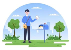 Postman Cartoon Vector Illustration Wearing a Uniform Carrying a Backpack Containing Letters to Send or Placing Envelope in Postal Service Mailbox