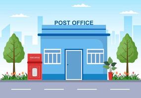 Postman Cartoon Building Vector Illustration Wearing a Uniform Carrying a Backpack Containing Letters to Send or Placing Envelope in Postal Service Mailbox