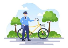 Postman Cartoon Vector Illustration Wearing a Uniform Carrying a Backpack Containing Letters to Send or Placing Envelope in Postal Service Mailbox