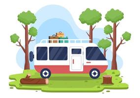 ilustración de fondo de autocaravana con carpa, fogata, leña, autocaravana y su equipo para personas en viajes de aventura o vacaciones en el bosque o las montañas vector