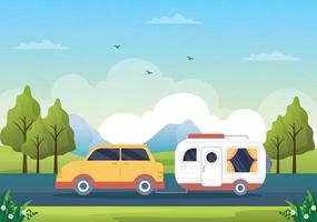 ilustración de fondo de autocaravana con carpa, fogata, leña, autocaravana y su equipo para personas en viajes de aventura o vacaciones en el bosque o las montañas vector