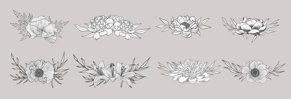 Sketch Floral Botany set. Variety flower and leaf. Black and white with line art. vector