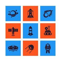 Space icons set, planet with asteroid belt, comet, satellite, space probe, shuttle, rocket, astronaut vector