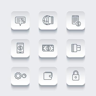 Payment methods line icons, electronic payment, credit card, wallet, mobile payment, rounded square icons set, vector illustration