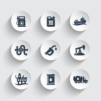Petroleum industry icons set, gas station, petrol canister, gasoline nozzle, oil production platform vector pictograms