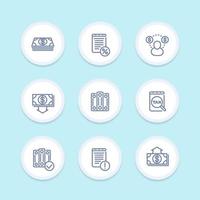 Bookkeeping icons in linear style, accounting, tax, payroll, outlay, costs vector