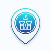 castle, fortress line icon on map pointer vector