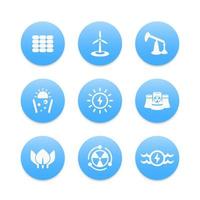 Power, energy production icons, nuclear, solar, wind, water energetics vector
