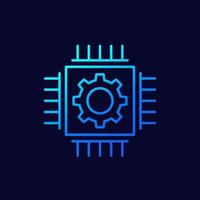 chip, microchip line vector icon with gear