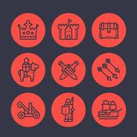 medieval war line icons set, knight, spearman, arrows, crown, castle, ship, catapult, siege vector