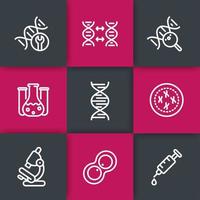 genetics line icons set, genetic modification, research, lab, dna chain, replication vector
