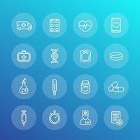 medicine line icons set, healthcare, pharmaceutics, drugs, first aid kit, ambulance, therapy, thermometer, syringe vector