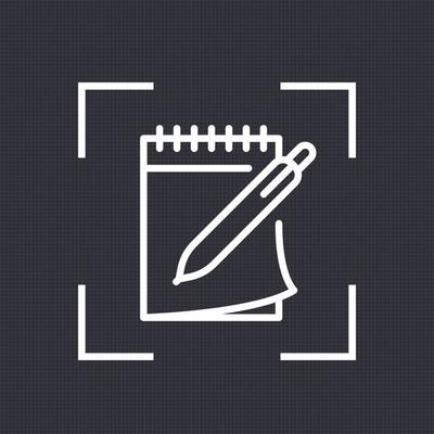 notebook and pen icon in linear style on dark, note, diary symbol