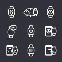 conjunto de iconos de línea de reloj inteligente, sincronización con la nube o smartphone, dispositivo portátil, aplicación de fitness, carga, configuración vector