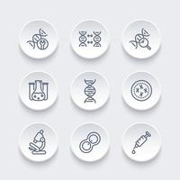 iconos de línea genética, cadena de adn, célula, investigación, laboratorio, modificación genética, ilustración vectorial vector