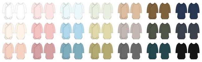 Set of onesie with a crossover neckline and long sleeves. Baby colored body wear mock up. vector