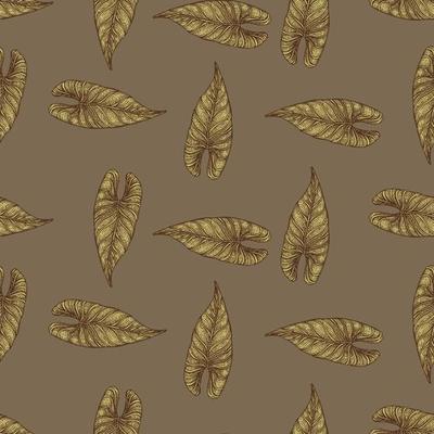 Engraving leaf araceae seamless pattern. Vintage leaves background.