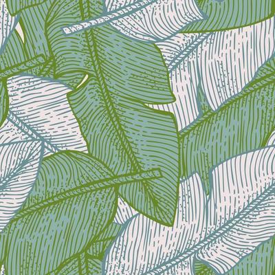 Banana leaves seamless pattern.Retro tropical branch in engraving style.
